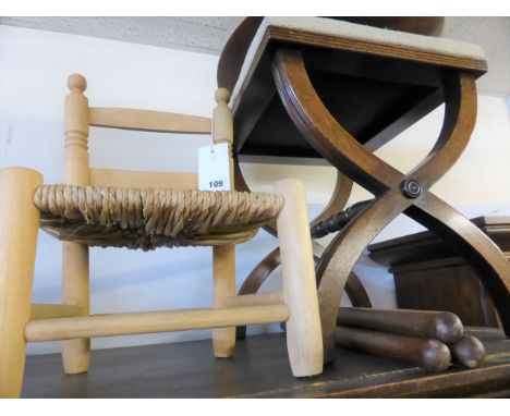 A floral upholstered piano stool together with a tripod cowhide stool with bowl attachment, child's chair with reed seat (4).