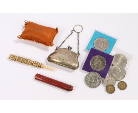 Collection of objects, to include a silver platd purse, coins, an 1885 miniature cushion, steel stork scissors a 19th Century