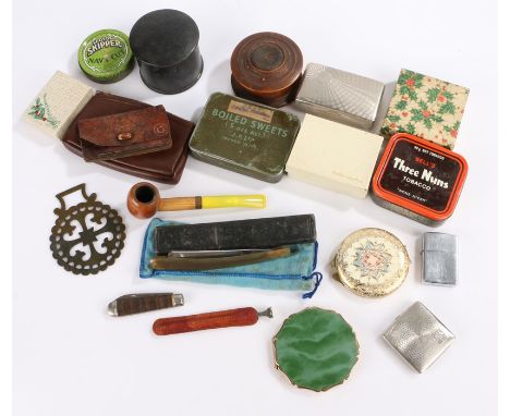 Mixed objects, to include compacts, a pipe, pipe tools, tins, etc, (qty)