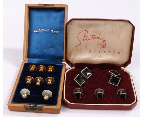 Three 10 carat gold studs, three rolled gold studs, pair of mother of pearl studs, Stratton cufflinks and three studs, gold 1