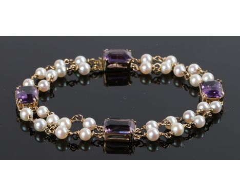 Amethyst and pearl bracelet, with four baguette cut amethyst and pearl set links, 19cm long