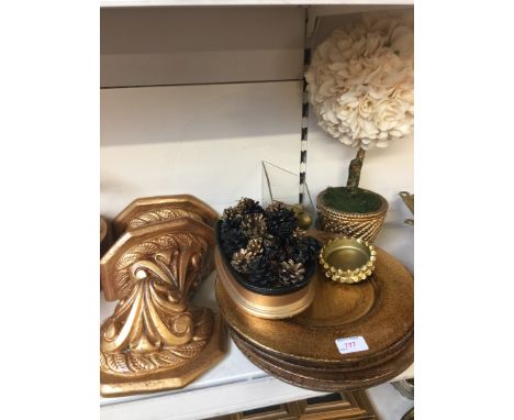 Gold coloured household items inc shelf brackets 