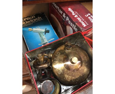 Mortar and pestle, camping stove, blow lamp 