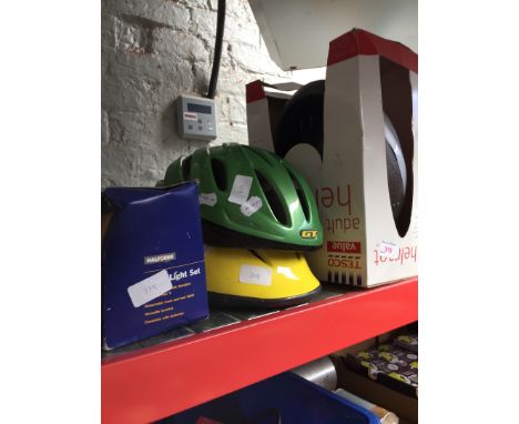 3 Cycle helmets and bike light 