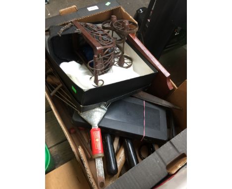 Box of misc garden tools and other box with an old small pram 