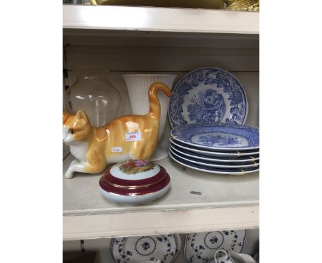 Blue and white plates, pottery cat etc. 