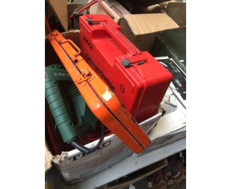 A box containing misc tools and power tools 