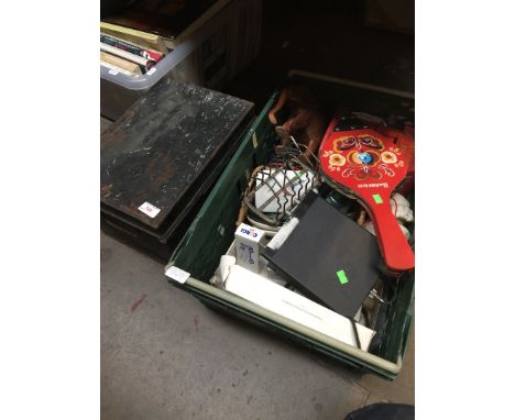 Crate of misc and a tin trunk 