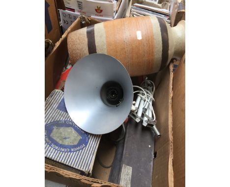 A box of misc including lamp, few tools, a vase, etc 