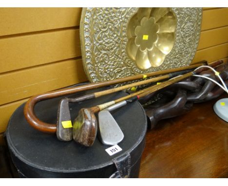 Three old golf clubs, a silver mounted walking stick, hat box &amp; Islamic brass top tableCondition Report: please request* 