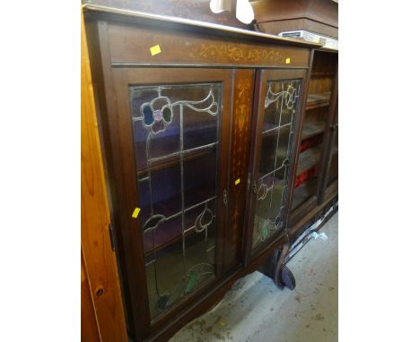 A vintage inlaid two-door china cabinet with stained glass &amp; pretty decoration to rail(distressed) Condition Report: plea