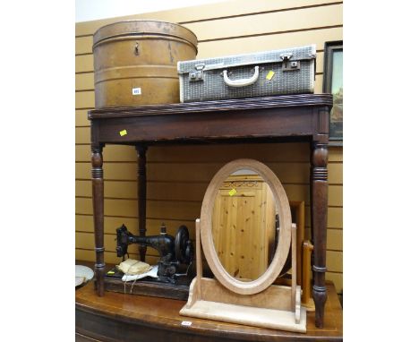 A vintage tin hat box, a vintage suitcase &amp; three pine framed mirrors Condition Report: please request*  *Condition is no