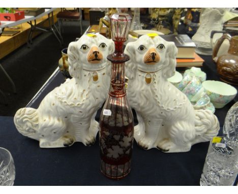 A pair of antique Staffordshire dogs &amp; a ruby-flash wine decanter Condition Report: please request*  *Condition is not st