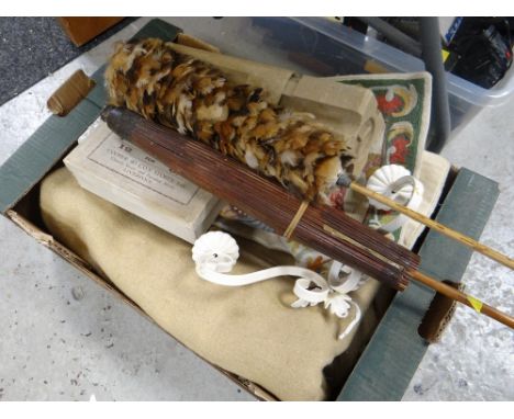 Box containing horse blanket, cruelwork cushion cover, oil lamp funnel ETC Condition Report: please request*  *Condition is n