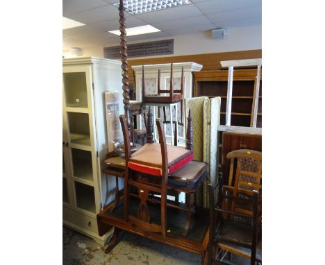 A reproduction leather tooled top drop end coffee table together with another coffee table, barley-twist standard lamp ETC Co