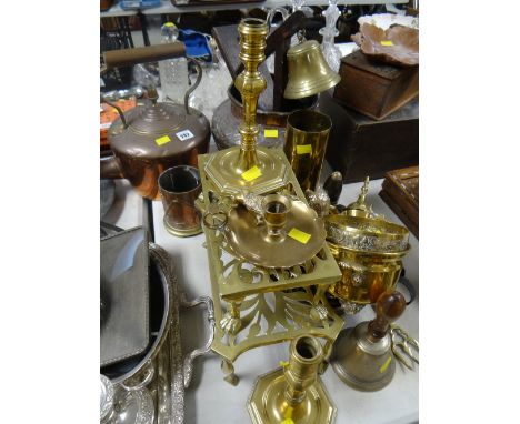 A metalware parcel including copper kettle, parcel of trench art, pair of brass candlestick holders, brass trivet stands ETC 