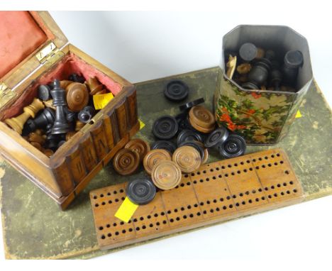 Parcel of vintage board games to include Jerusalem box containing vintage chess pieces, vintage draughts pieces, cribbage boa
