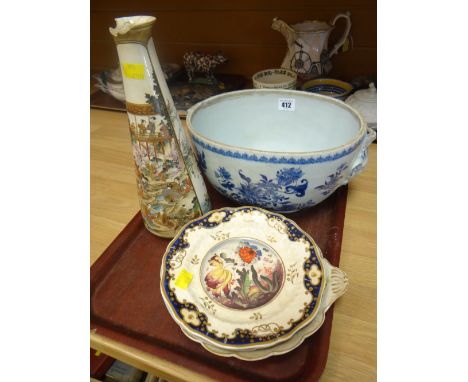 A nineteenth century Oriental patterned mask handled basin, a Satsuma tapered vase (damaged) ETC Condition Report: please req