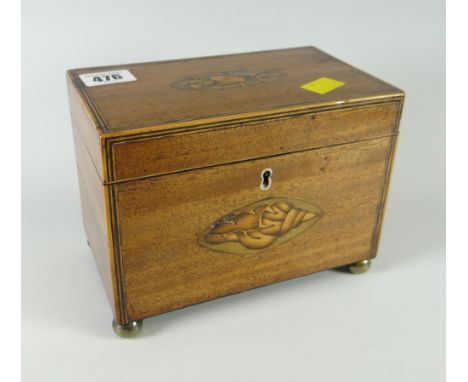 An antique marquetry & inlaid twin-compartment rectangular tea caddy Condition Report: please request* *Condition is not stat
