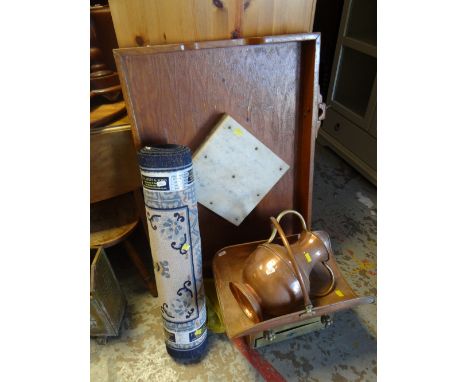 A vintage table skittles game, copper log basket, bowl & small rug Condition Report: please request* *Condition is not stated