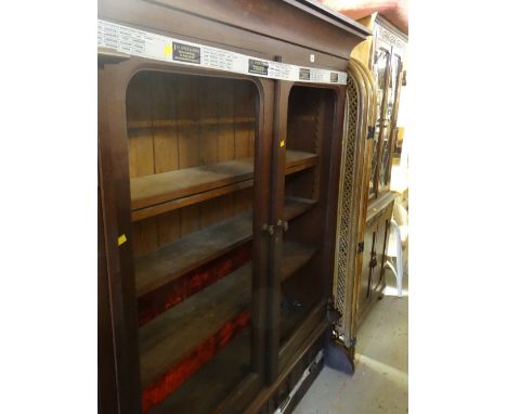 A vintage adjustable two-door bookcase (glass missing) together with a corner cupboard, rattan folding screen &amp; stool Con