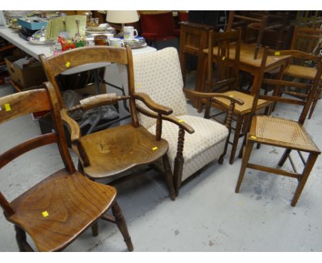 An elm farmhouse chair, a vintage school house-type chair, a cushion chair &amp; two further chairs Condition Report: please 