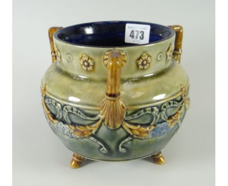 A Doulton Lambeth planter with three-handles &amp; three feet, typically decorated with swags &amp; florettes Condition Repor