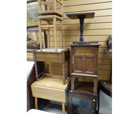 A vintage inlaid bedside cabinet, a small checker top table, two vintage foot stools, a box seat piano stool etc Condition Re