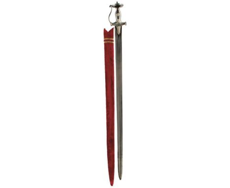 A 19TH CENTURY INDIAN KIRACH OR STRAIGHT SWORD, 79.5cm double fullered straight blade, characteristic white metal hilt with d