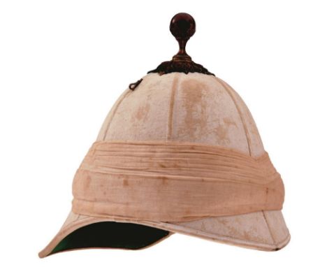 A VICTORIAN OFFICER'S FOREIGN SERVICE HELMET, the six panel doe skin covered cork body with rubbed white finish, leather trim