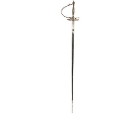 A VICTORIAN POLISHED STEEL HILTED COURT SWORD, 76.5cm clean bright blade etched with scrolling foliage and incised with the i