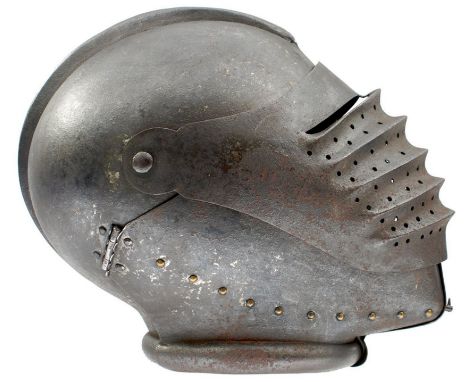 A VICTORIAN COPY OF A GERMAN MAXIMILIAN CLOSE HELMET IN THE EARLY 16TH CENTURY STYLE, the bulbous skull with triple comb and 