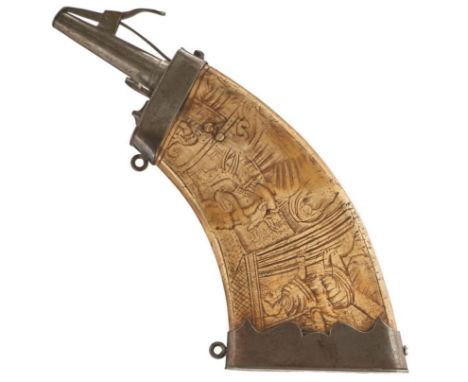 A 17TH CENTURY GERMAN POWDER FLASK, of characteristic flattened horn form, with iron mounts, the sides decorated with chevron