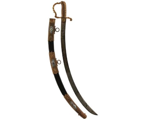 AN ORNATE GEORGIAN PRESENTATION SWORD BY RUNDELL BRIDGE &amp; RUNDELL, 74.5cm sharply curved blade decorated with stands of a