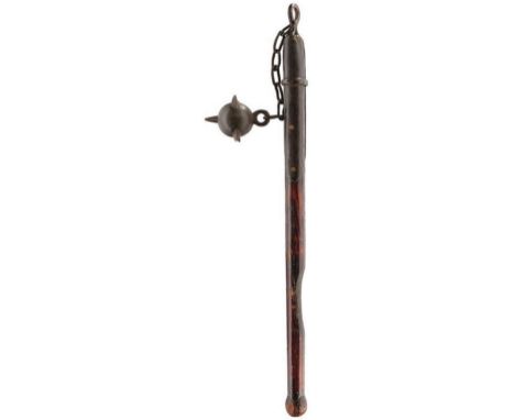 A 17TH CENTURY MORNING STAR OR HOLY WATER SPRINKLER, the heavy spiked ball attached by a seven link chain to the eyed mountin