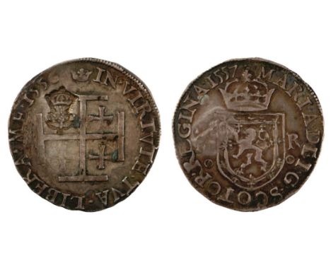 SCOTLAND, Mary 1542-67, first period testoon 1556 with crown over thistle countermark, F/VF, together with a 1558 testoon, fi