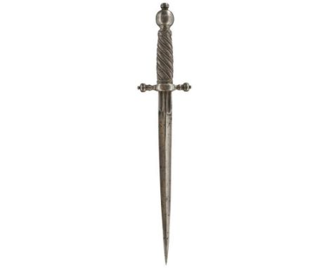 AN EARLY 17TH CENTURY NORTH EUROPEAN LEFT HAND DAGGER, 2.5cm flattened diamond section hollow ground blade with short fullere