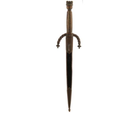 A 19TH CENTURY CONTINENTAL ROMANTIC DAGGER, 25cm flattened diamond section blade, the brass hilt with down turned roped cross