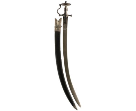 A LATE 18TH OR EARLY 19TH CENTURY WOOTZ BLADED TULWAR, 78.5cm curved Wootz blade decorated with a panel of foliate silver inl