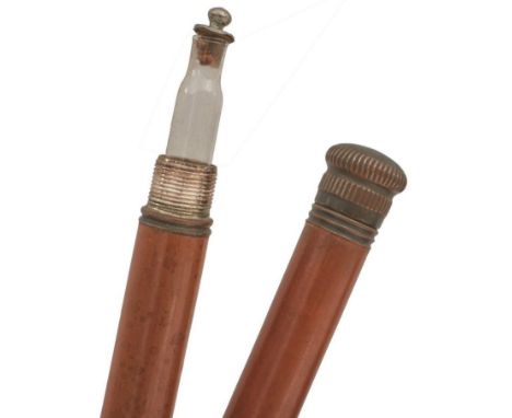 A LATE 19TH/EARLY 20TH CENTURY TIPPLER'S GADGET CANE, malacca haft with copper mounts and metal ferrule, the handle unscrewin