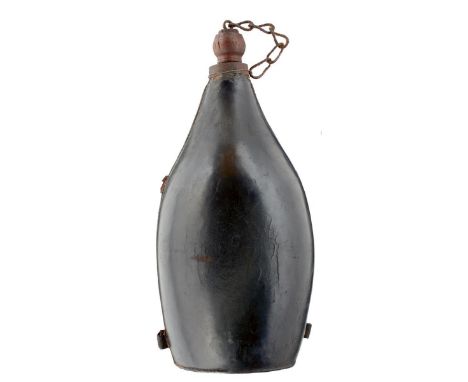 A 17TH CENTURY ENGLISH CIVIL WAR PERIOD LEATHER FLASK, 35cm high excluding the turned wooden stopper, this secured with an ir