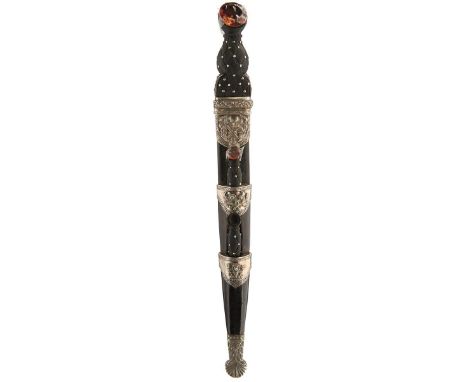 A 19TH CENTURY WHITE METAL MOUNTED SCOTTISH DIRK BY DRAKE, 30cm crisp blade profusely etched with thistles and a maker's pane