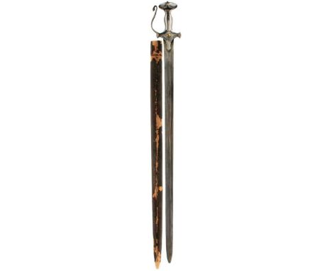 A 19TH CENTURY NORTH INDIAN KIRACH OR STRAIGHT SWORD, 77cm double fullered blade, characteristic white metal hilt with scroll