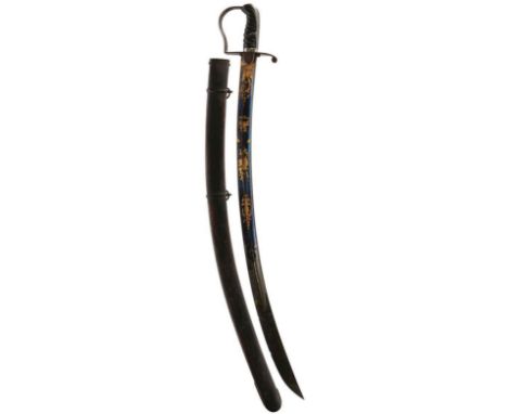 A 1796 PATTERN LIGHT CAVALRY OFFICER'S SWORD, 83.5cm curved blade decorated with scrolling foliage, stands of arms and cavalr