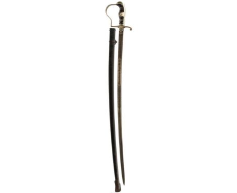 A 14TH REGIMENT OF GERMAN CAVALRY OFFICER'S SWORD, 83cm curved blade by Eickhorn, etched with scrolling foliage, scenes of ca