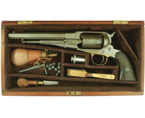 A CASED .44 CALIBRE SIX-SHOT REMINGTON NEW MODEL ARMY REVOLVER, 7.5inch sighted octagonal barrel, serial no. 25010, brass tri