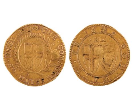 COMMONWEALTH 1649-60, gold unite 1649, shield of St George within wreath of palm and laurel. rev: conjoined shields of St Geo