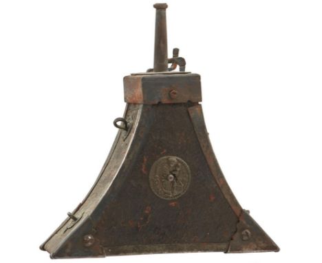 A 17TH CENTURY ITALIAN MUSKETEER'S POWDER FLASK, of characteristic scalloped triangular form, the leather covered wooden body