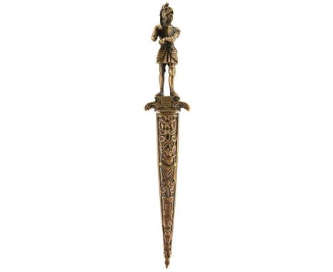 A CONTINENTAL ROMANTIC DAGGER, 10cm double fullered flattened diamond section blade, the cast brass hilt in the form of a kni