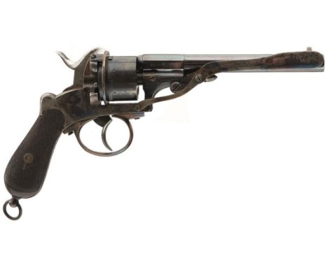 A SCARCE 120-BORE ENGLISH SIX-SHOT SLIDING FRAME PINFIRE REVOLVER, 6inch sighted barrel, mechanism lever mounted on the right